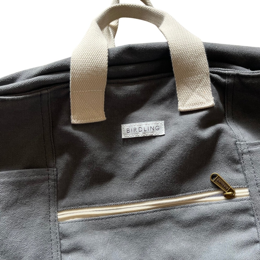 Birdling Canvas Backpack Diaper Bag Grey Cream Webbed Straps Stripe Lining - Picture 2 of 7